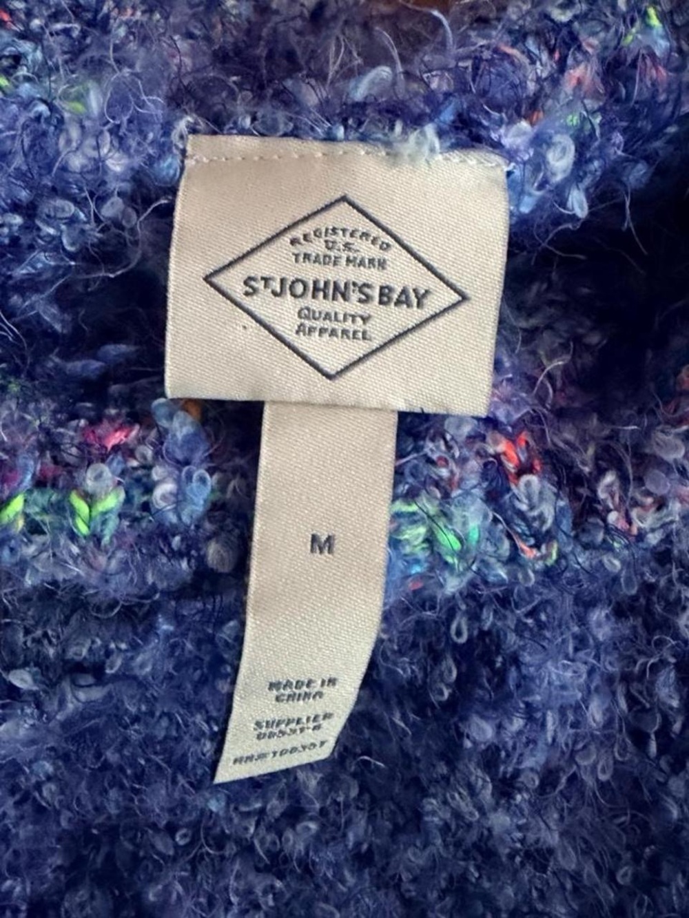 St. John's Bay Blue Bouclé Funnel Neck has Sweater with Multicolor Flecks NWT - Picture 4 of 5